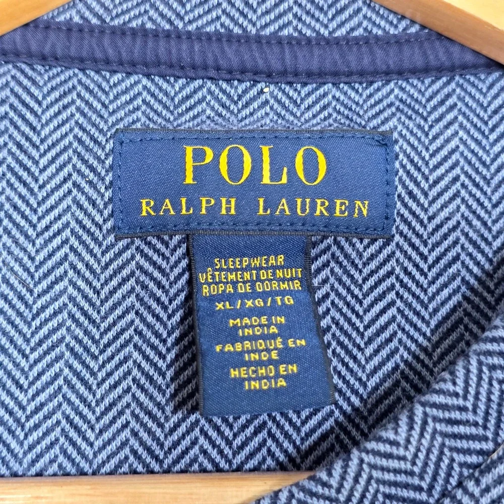 Polo Ralph Lauren Henley Shirt Men XL Blue Herringbone Sleepwear Long Sleeve Tee